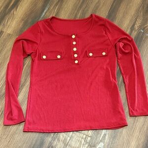 Women's Red 1/4Button-Up, long sleeve top